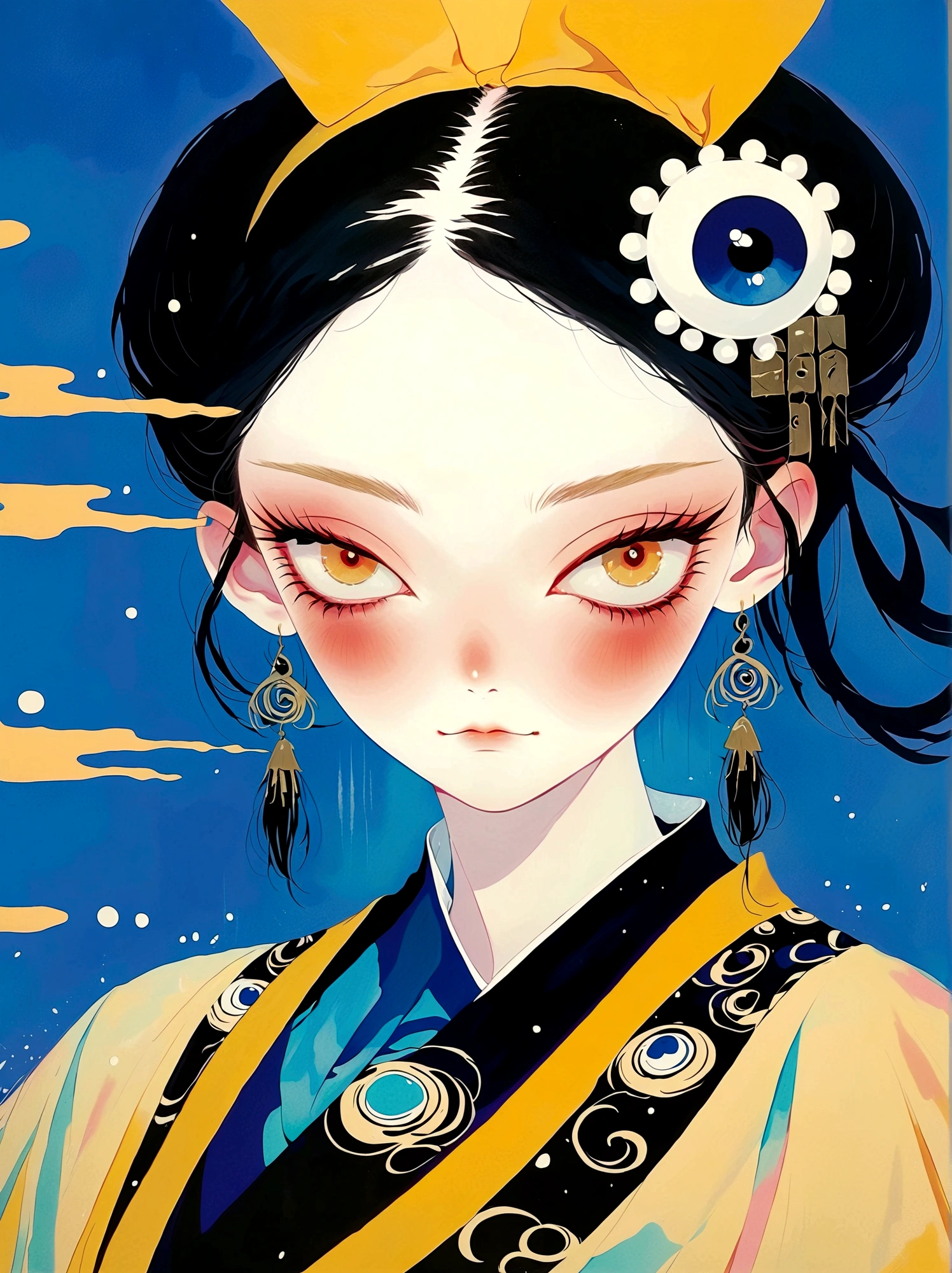 Three-eyed monster，Eyes on the forehead，female，Wet hair，Japanese horror style Japanese pop surrealism, author：Yukika Kosaka, Nguyen Gia and Joao Nguyen, 
