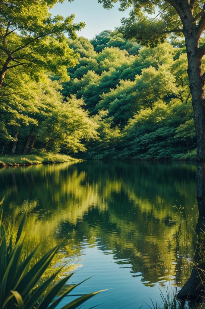 Illustrate a serene peaceful nature scene in summer. This scene inspires peace, awe, and tranquility. Vivid beautiful colors.photorealistic 8k