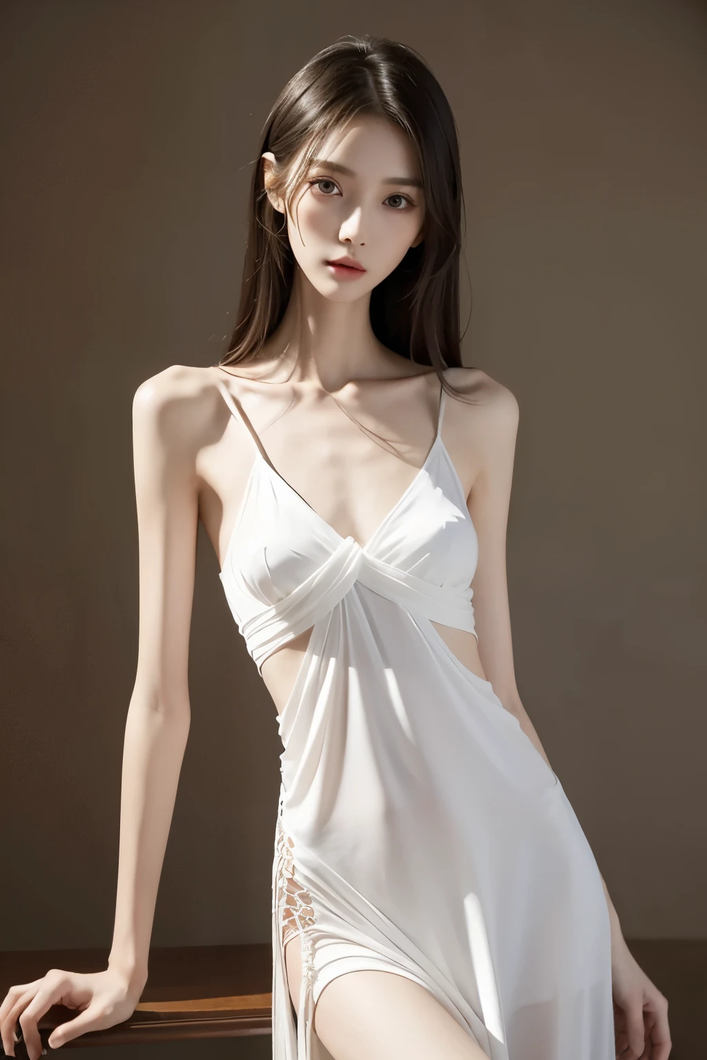 (Photorealistic),(Masterpiece),(ultra-detailed),a tall very beautiful and extremely thin girl who is literally just skin and bones because of being severely malnourished and looks so fragile and delicate and has big eyes and very small head, can see all her bones,she has very small and thin body frame and legs,extremely slender build, wearing a long white loose flowing dress swallowing her with a really thin waistband on