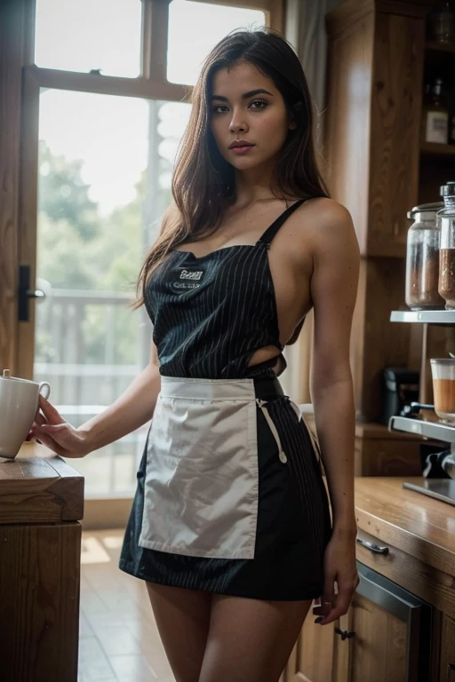 (Film Grain),summer,hot,Lazy afternoon,Full body portrait,(((original photo))),A sexy girl working at the counter in a cafe,34-26-36 is an hourglass figure,(Barista Apron、Long Apron、stripe、pattern、badge、pattern:1.5),Rim Light, clavicle, Pretty Face,tattoos on the arms,belly button,Wide hips, Slim waist,(((Long legs))),Idol, Depth of Field, tilt, reflective,lifelike, 超high resolution, high quality,Soft Light,best quality,masterpiece,8K,Super real,(Film Grain, Chromatic Aberration, Clear focus, in the darkness, Deep Shadows, Low profile, Cold Light, Sexy look). Portrait Style, Professional commercial photography, meticulous,(Fine-grained), (Highest detail) ○○ res – 超high resolution , The texture is very high (Water highlight resolution), lifelike hands and fingers – (lifelike、Beautiful 4k) , 8K,Extreme details, (Highest quality fabric texture), Every detail,Exquisite facial features, masterpiece – masterpiece○○品质 – (best quality) ,Leica film, High Quality ○○ Detailed – ○○ Super Detailed(very good ), lifelike, Very detailed(Very detailed) , meticulous, 解析度 – ○○ 解析度超high resolution(high resolution)(((Full and soft breasts,)))(((Huge breasts))) (((Cleavage))) (Perfect curvy figure)