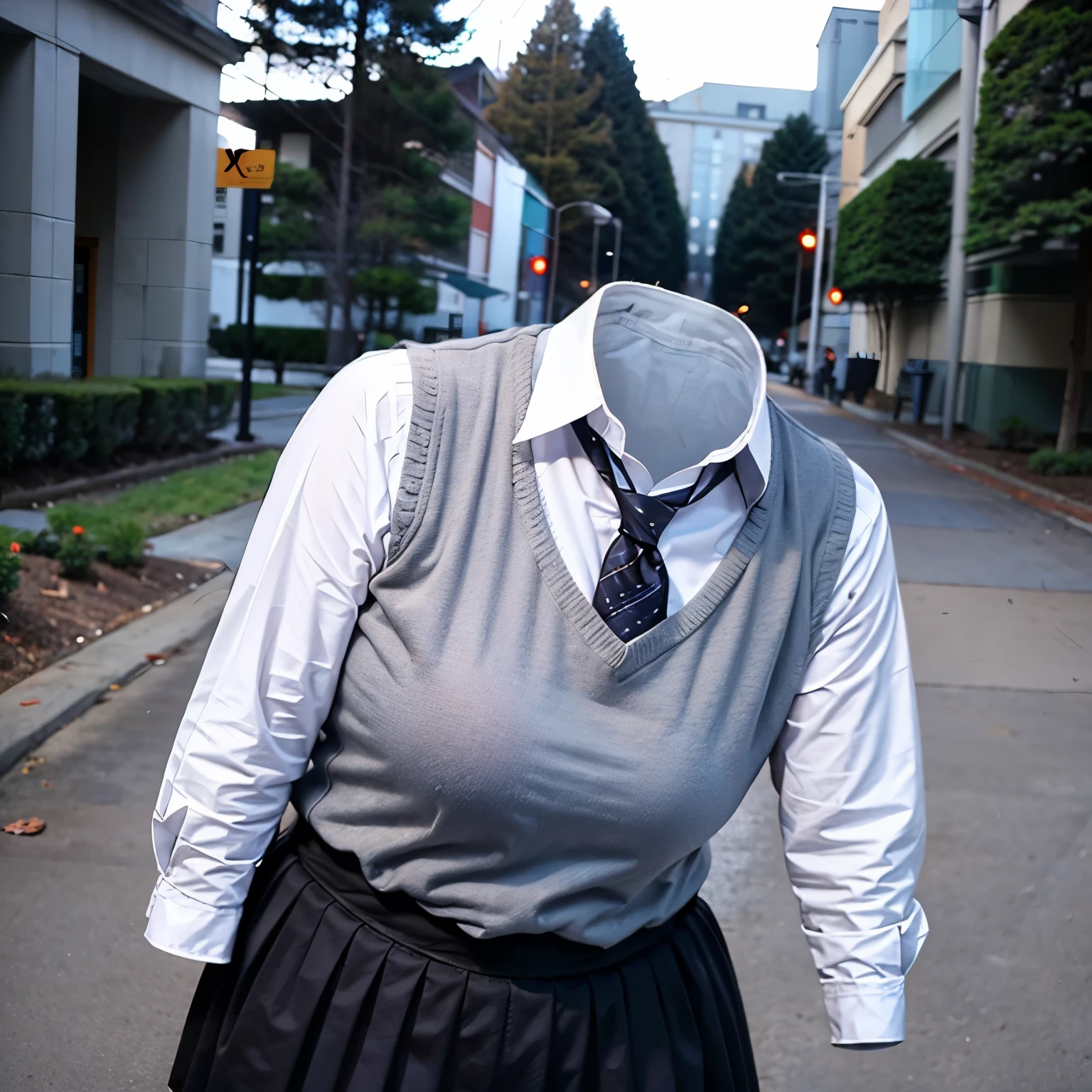 leaning forward, school blouse, sweater vest, stripe tie, ((fat, chubby)), (invisible, no human, headless, handless:1.5)