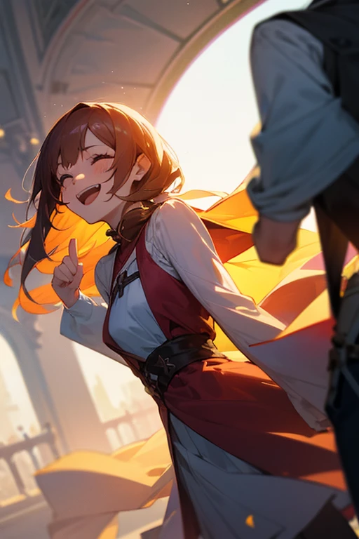 A girl say farewell to a man, while laughing mocking , he is far away