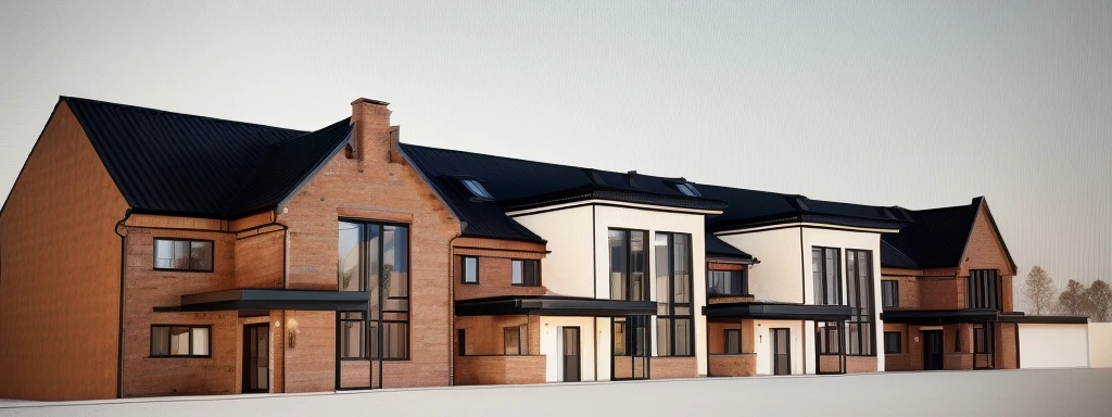 a depiction of a house with a gable roof, highly rendered, 3/4 View realistic, Architectural visualization, 3D-Rendering, rendered 3D model, 3D-Rendering, red brick wall. traditional black standing seam roof, Sky sunny. In front of the house there is a garden with flowers. left and right part Brickwall. Netherlands. Bauhaus. White facade