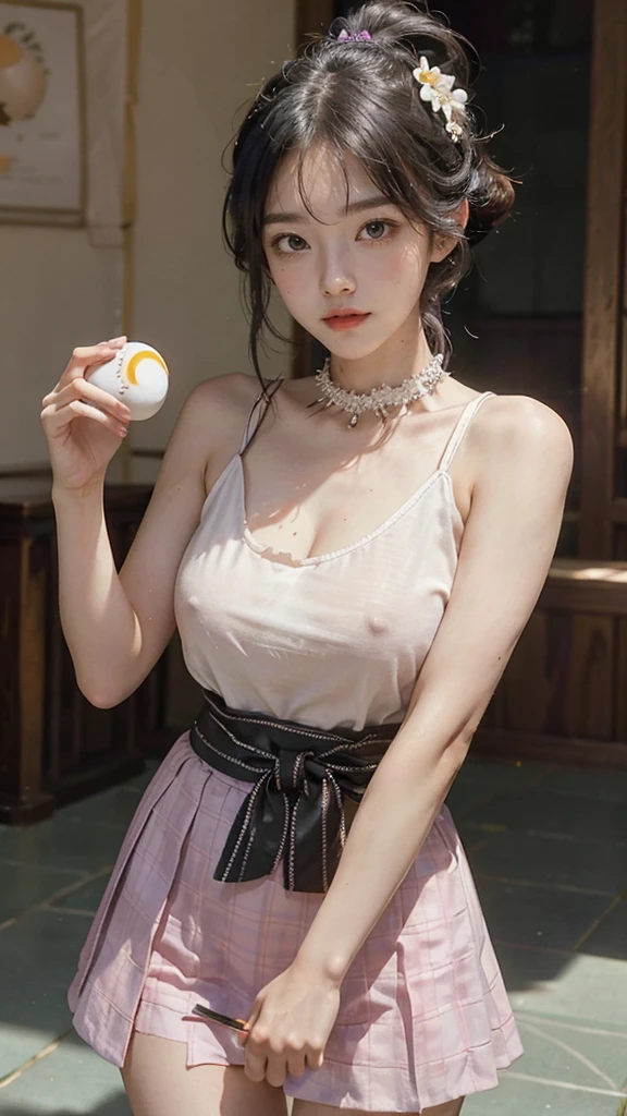 masterpiece, 1girl, medium breasts, solo, araragi karen, hair ornament, egg hair ornament, side ponytail, black hair, food-themed hair ornament, fried egg, looking at viewer, egg (food), long hair, (black eyes:1.1), purple skirt, sleeveless, pink shirt, homework, books, holding pencil, smirk