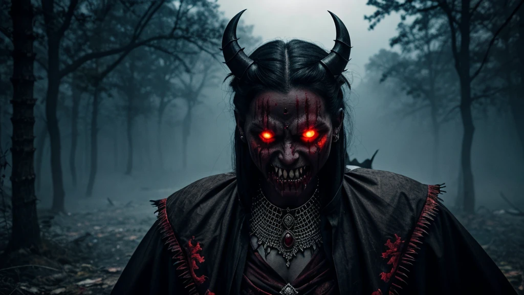 frightening, demonic-looking character with exaggerated features, including glowing eyes, sharp teeth, and blood-stained face. The character is wearing traditional attire and jewelry, adding to the eerie effect.