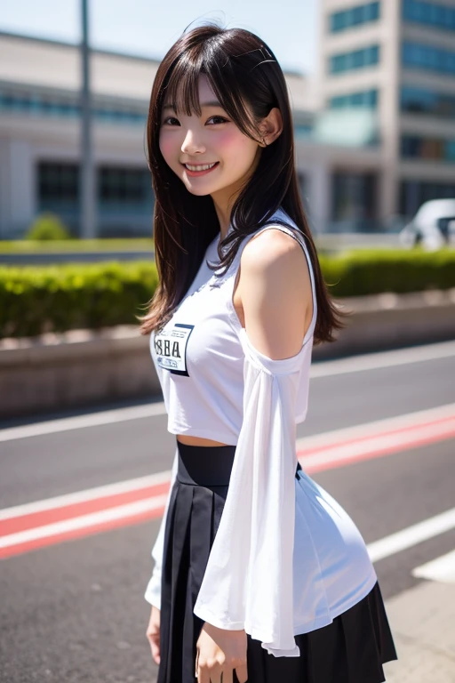 Race Queen, Grid Girls, skirt, No sleeve, masterpiece , Highest quality , detailed , bangs , woman , smile