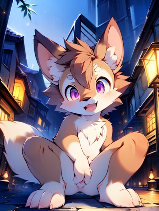 , , cute, (alone), (((Has brown and white fur))), Big purple eyes, Blushing, smile, Open your mouth, Sticking out tongue，tooth、Canine，walking, night, Ancient Asian cities, bright street lights, Blue and black slate road, Empty Streets, Starry Sky, Shadow, Detailed facial depiction, ((Accurate hand drawing)), レンブラントの光とShadow, Ultra-fine，high resolution，Completely naked，Naked，Naked，Full nudity，Nude，Barely，Fully visible，Spread your legs and point your crotch，Embarrassing，Embarrassed look，On all fours，Put your hands and feet on the ground，Sit like a dog，quadruped，Accurate hand and foot count，shame，A furry in heat，first round，Fantasy，Anime-style depiction，Female furry，Animal pussy，Young，Young子どものケモノ，Showing pussy，Showing off pussy，