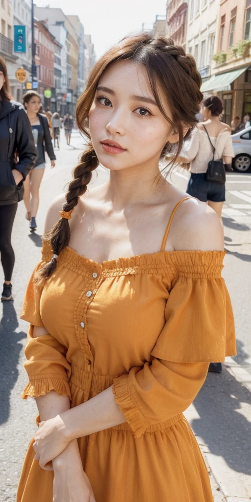 a woman posing on the street corner with orange dress on, best quality, 1girl, large breast, day, bright, blur background, bokeh, outdoor, (street:0.8), (people, crowds:0.8), (off-shoulder dress:1.2), gorgeous, (braided bangs:1.2), beautiful detailed sky, (dynamic pose:1.2), soft lighting, wind, shiny skin, (upper body:0.8), (freckles:0.8), mole under mouth, 