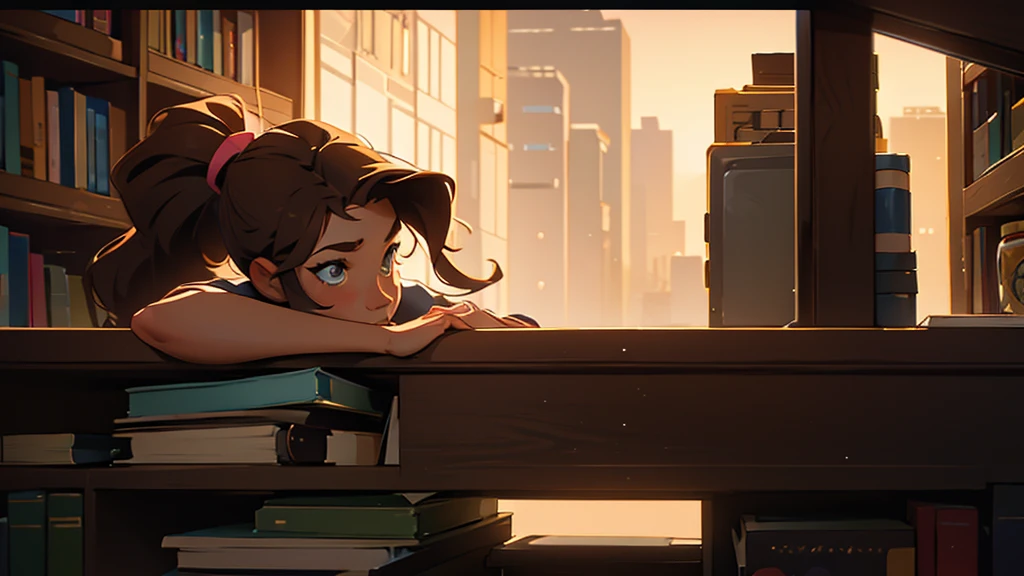 "Outside the window, it's raining. A brown-haired woman with a ponytail is studying in front of a large bookshelf. The woman is 1/5 the size of the entire scene."