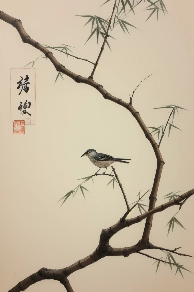 shukezouma, shuimobysim, ((starling)), willow branches, (masterpiece, best quality: 1.2), ((Traditional Chinese ink painting)), model style, bamboo branches, bamboo, wuchangshuo, red, orange, black, fire, starling, bird