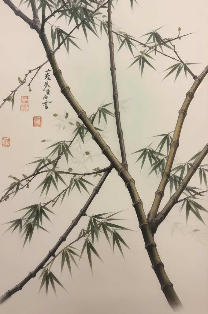 shukezouma, shuimobysim, ((starling)), willow branches, (masterpiece, best quality: 1.2), ((Traditional Chinese ink painting)), model style, bamboo branches, bamboo, wuchangshuo, red, orange, black, fire, starling, bird