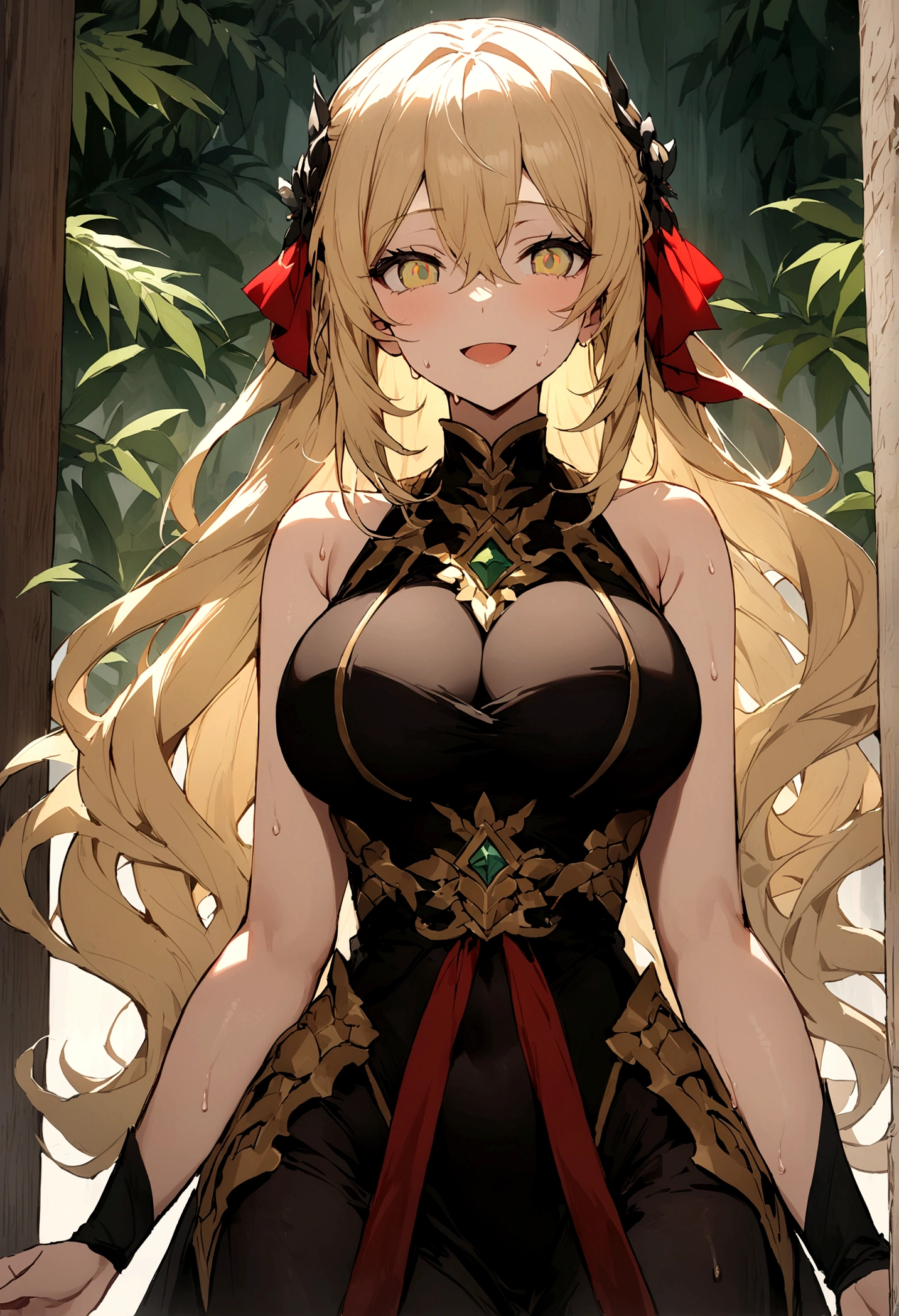 1 female,35 years old,Big breasts,Long Law,solo,(background:The Peak,Rainforest,In the summer,There is standing water on the ground,Exterior) Feel free to hairstyle,stride,Sweating,Soaked,从front看,Long blond hair , partly cloudy,(((masterpiece),(Very detailed CG Unity 8k wallpaper),Best quality,light,详细background,Beautiful and delicate eyes,smart student,(Very delicate and beautiful),(Beautiful and detailed description of the eyes),Extremely detailed,masterpiece,)),Facing the audience,front,high resolution,Extremely detailed),complexion,Open your mouth,Smile