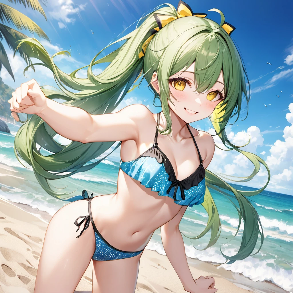 (enjoy style) (in a cute bikini swimsuit), (dynamic pose) (15 yo, solo:2 ponytail green hair long hair lovely fighter girl, cute yellow eyes, ecstasy love smile), break, in the beautiful Sandy Beach, background beautiful ocean), BREAK, perfect anatomy, masterpiece, best quality, 16k, beautiful detailed grow, daydreaming expression.