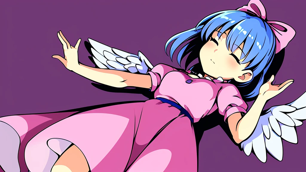 masterpiece, best quality, 1girl, , , 10 years old, medium blue hair, hair flaps, pink ribbon on head, well-formed face, blue eyes, angel girl, white blouse, puffy short sleeves, red ribbon, angel wings, long white skirt, red shoes, frills, ribbon head, from behind, to lift up one’s skirt, cowboy shot, from front, standing , raise one leg, crossed arms, arms up behind, arms behind back, hand between legs, put hands hip, one hand on hip, forward hands, arms raised in the air, punch hands, peace sign, waving, put up index finger, sit, lie down, closed eyes, lie face down, looking back, put one hand chest, leaning forward, cleavage, close up, horizontally outstretched arms, horizontally outstretched legs, front view, front face