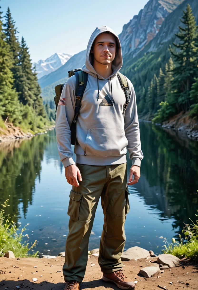 1 boy, a boy wearing hoodie, cargo pants, holding backpack with one shoulders, 4k, best quality, Masterpiece, Ultra high resolution, beautiful light, (realistic, photo-realistic:1.4), realistic background, standing with river and mountain in indonesian country background.