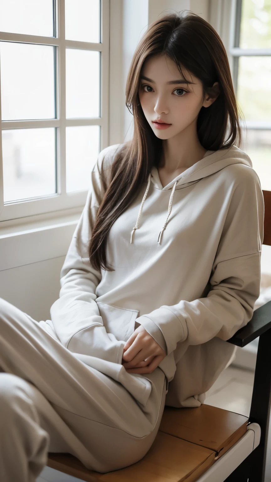 (Photorealistic),(Masterpiece),(ultra-detailed),a tall very beautiful and extremely thin girl who is literally just skin and bones because of being severely malnourished and looks so fragile and delicate and has big eyes and very small head, can see all her bones,sitting on a chair,she has very small and thin body frame and legs,extremely slender build, wearing a baggy hoodie which is just hanging on and baggy sweat pants