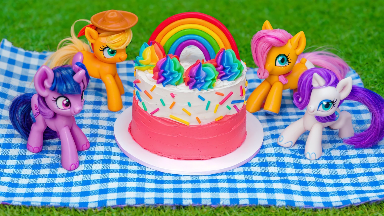 on the grass, on a pink checkered tablecloth. there is a white plate with cake, white and pink cream cake, Rainbow confectionery powder on the cake, top rainbow gradient cream, polymer clay rainbow, рядом стоят пластиковые pony toys из мультфильма My Little Pony, pony toys, purple pony with wing and horn, orange pony with hat and yellow hair, yellow pony with pink hair and wing, white pony with purple hair and horn.  beautiful light, sunlight, sunny day, beautiful lighting, bright announcement, several light sources, Realistic style, realistic textures, high quality, high detail, detailed texture, ultra 4k hd
