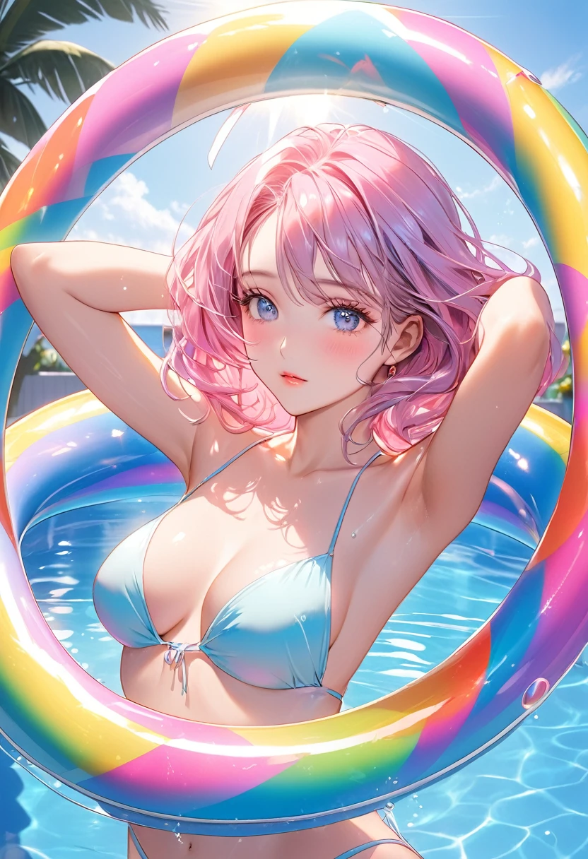 portrait art, best quality, super fine, 16k, 2.5D, delicate and dynamic depiction, swimming pool in a dreamland, beautiful woman in swimsuit floating in floating ring, sunbathing with her arms raised towards the sun, amorous and lewd expression, superlative body proportion, glittering and fluffy effect of pastel and vivid colors