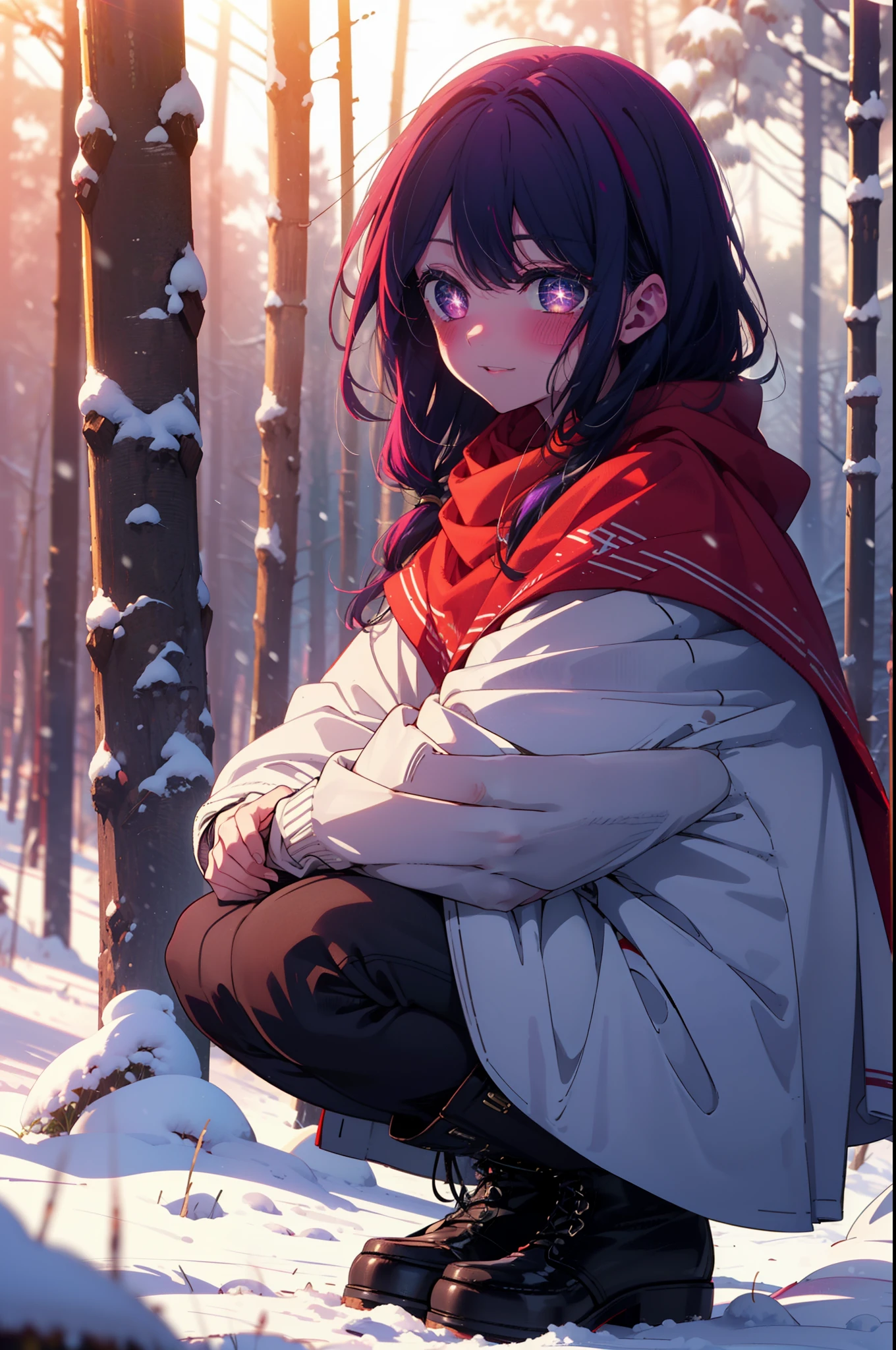 aihoshino, Ai Hoshino, Long Hair, bangs, (Purple eyes:1.1), Purple Hair, (Symbol-shaped pupil:1.5), smile,,smile,blush,White Breath,
Open your mouth,snow,Ground bonfire, Outdoor, boots, snowing, From the side, wood, suitcase, Cape, Blurred, , forest, White handbag, nature, Squat, Mouth closed, Cape, winter, Written boundary depth, Black shoes, red Cape break looking at viewer, Upper Body, whole body, break Outdoor, forest, nature, break (masterpiece:1.2), Highest quality, High resolution, unity 8k wallpaper, (shape:0.8), (Beautiful and beautiful eyes:1.6), Highly detailed face, Perfect lighting, Highly detailed CG, (Perfect hands, Perfect Anatomy),