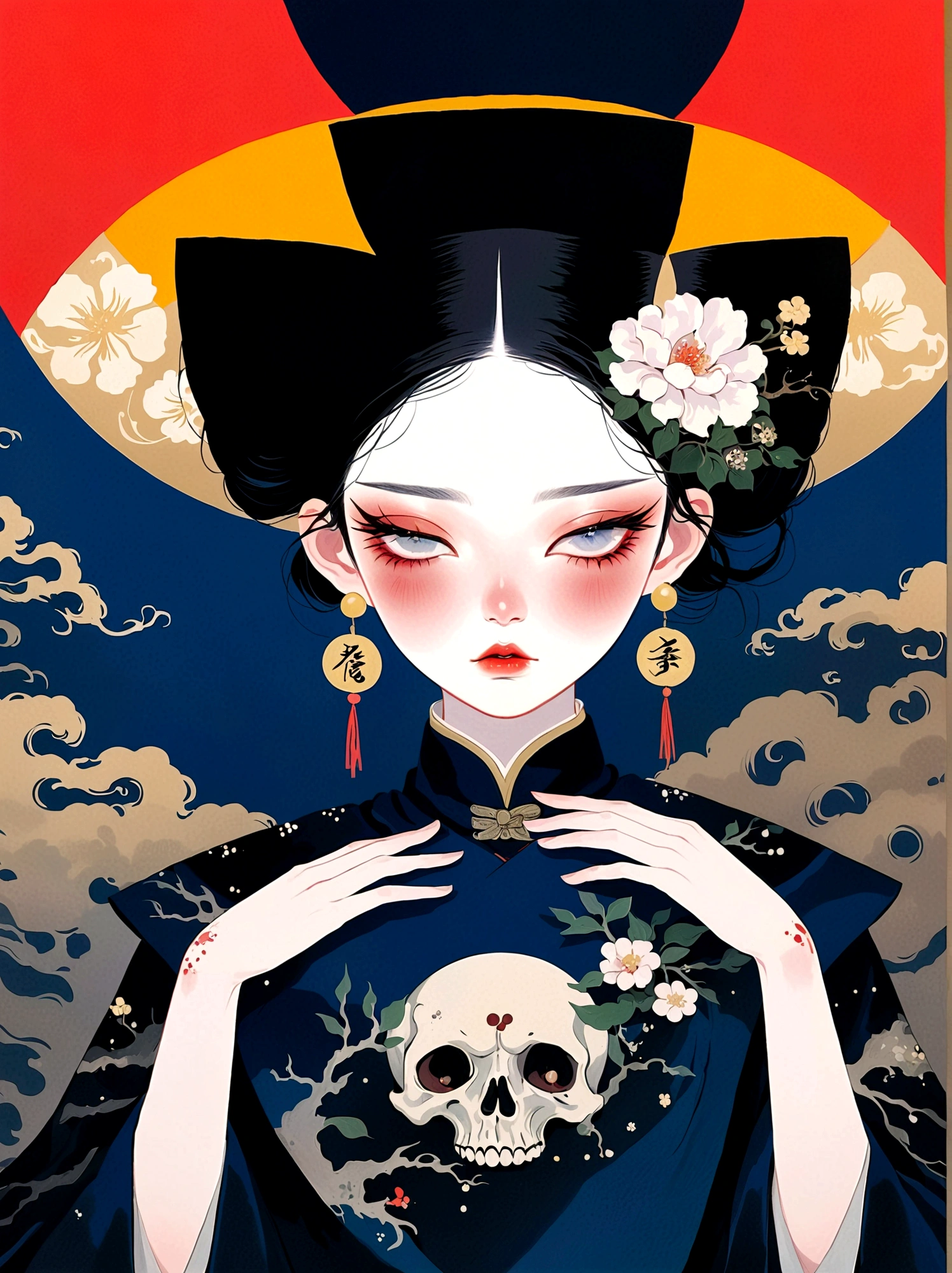 Qing Dynasty Zombie Portraits,There is a rune on the forehead,Japanese horror style Japanese pop surrealism, author:Yukika Kosaka, Nguyen Gia and Joao Nguyen,