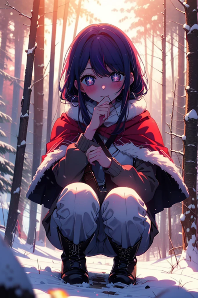 aihoshino, Ai Hoshino, Long Hair, bangs, (Purple eyes:1.1), Purple Hair, (Symbol-shaped pupil:1.5), smile,,smile,blush,White Breath,
Open your mouth,snow,Ground bonfire, Outdoor, boots, snowing, From the side, wood, suitcase, Cape, Blurred, , forest, White handbag, nature, Squat, Mouth closed, Cape, winter, Written boundary depth, Black shoes, red Cape break looking at viewer, Upper Body, whole body, break Outdoor, forest, nature, break (masterpiece:1.2), Highest quality, High resolution, unity 8k wallpaper, (shape:0.8), (Beautiful and beautiful eyes:1.6), Highly detailed face, Perfect lighting, Highly detailed CG, (Perfect hands, Perfect Anatomy),