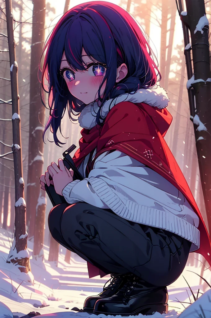 aihoshino, Ai Hoshino, Long Hair, bangs, (Purple eyes:1.1), Purple Hair, (Symbol-shaped pupil:1.5), smile,,smile,blush,White Breath,
Open your mouth,snow,Ground bonfire, Outdoor, boots, snowing, From the side, wood, suitcase, Cape, Blurred, , forest, White handbag, nature, Squat, Mouth closed, Cape, winter, Written boundary depth, Black shoes, red Cape break looking at viewer, Upper Body, whole body, break Outdoor, forest, nature, break (masterpiece:1.2), Highest quality, High resolution, unity 8k wallpaper, (shape:0.8), (Beautiful and beautiful eyes:1.6), Highly detailed face, Perfect lighting, Highly detailed CG, (Perfect hands, Perfect Anatomy),