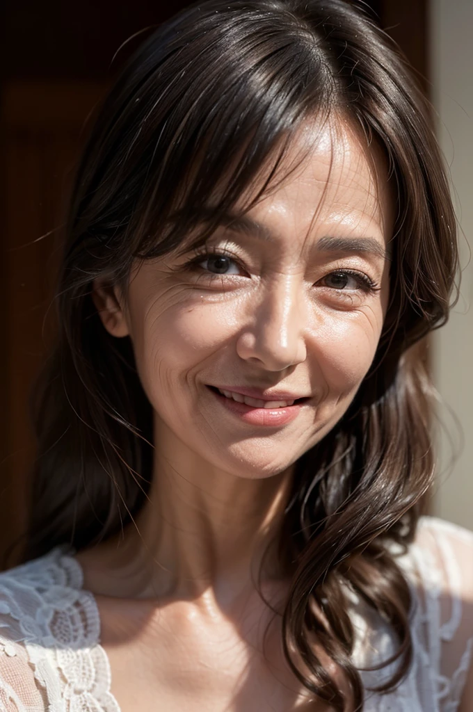 (masterpiece:1.4),(Female, 67 years old:1.4),(facial wrinkles 1.2),smile,Long Wavy Hair,
