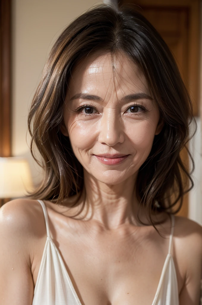 (masterpiece:1.4),(Female, 67 years old:1.4),(facial wrinkles 1.2),smile,Long Wavy Hair,