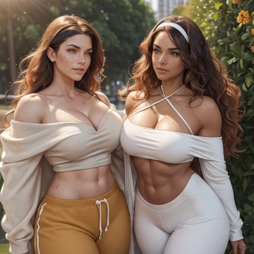 Two women with different natural color hair and race exercising together showing different angles of body , Athletic fit bodybuilding muscular 30 year old fitness athlete woman, amazingly long wavy voluminous flowing hair down her back to her thighs, big beautiful green eyes, MANY freckles, muscle tone, wet and glistening from sweat, wearing low-rise oversized sweatpants-shorts, ((( IMPORTANT: and a huge loose baggy oversized low-cut comfy big sweatshirt with ONE wide-neck-hole that goes all around off-shoulder and cleavage in one big swoop 1.3))), very tall socks and cute sneakers, flowers in hair, muscle definition in shoulders and belly, curvy, juicy wide hips, thick thighs, nice big muscular ass, mature gorgeous incredible pretty face, grinning, laughing, many tattoos on her body, jogging in a beautiful flower garden in the mornings, Instagram model, (((small breasts 1.3))), (((birds-eye-view-very-high-camera-angle-looking-down and bokeh and incredible colors and professional photographer with a sense of the dynamic and having depth 1.3 ))) k, SFW, abs,photorealistic,super long hair, incredible outfit that makes sense practically and beautifully for an autumn morning when it's sunny but a little windy, , headband, all clothes are one color