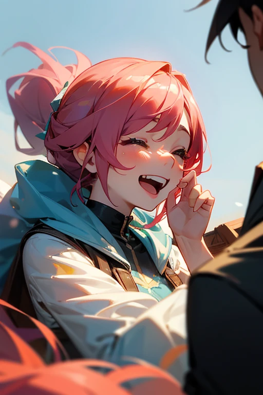 A girl say farewell to a man, while laughing mocking , he is far away