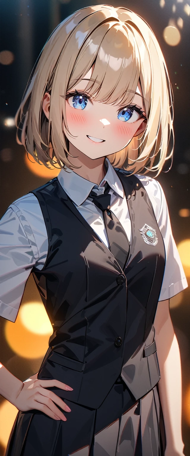 (((One girl))), blond hair, bob cut, (cowboy shot), (looking at viewer), face in focus, ager, head tilt:1.3, (((blue eye))), ((happy smile)), ((blush)), contrapposto, one hand on hip, school summer uniform, white shirts, ((black tie under the waistcoat)), skirt, black waistcoat, anime style, (best quality, 4k, 8k, highres, masterpiece:1.2, ultra-detailed, ultra-detailed eyes, HDR, UHD, studio lighting, ultra-fine painting, sharp focus, physically-based rendering, extreme detail description, professional, vivid colors, bokeh)