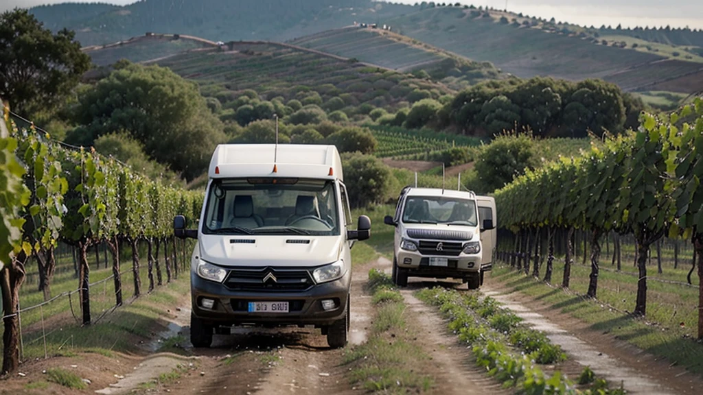 dirt road, in the vineyards, between the vines, the vines are small, rainy weather, two men, a white L2 H2 van, Fourgon L2 H2, citroên jumper, the truck is on 3 wheels, the truck is out of balance, the truck will fall on its side