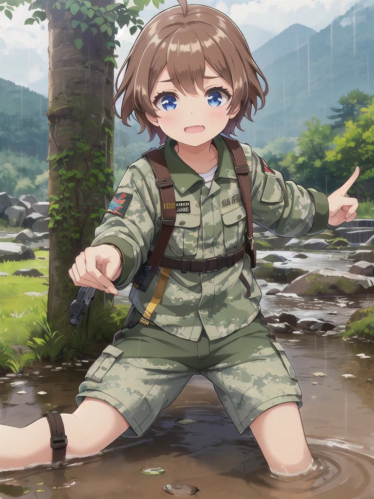 Highest quality,masterpiece,,blue eyes,Outdoor,Lens flare, 顔 focus,Brown Hair, short hair, Military camouflage uniform,Green helmet,heavy rain,In the mountains,cloudy,Muddy clothes,He has a gun,Crawling on the ground,Point the gun this way