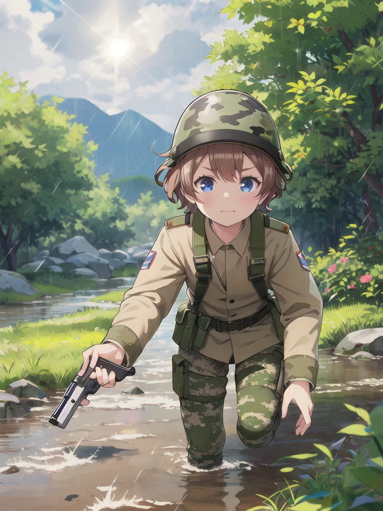 Highest quality,masterpiece,,blue eyes,Outdoor,Lens flare, 顔 focus,Brown Hair, short hair, Military camouflage uniform,Green helmet,heavy rain,In the mountains,cloudy,Muddy clothes,He has a gun,Crawling on the ground,Point the gun this way
