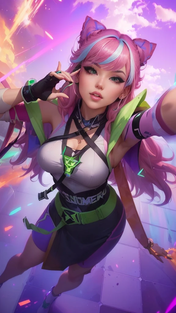 a close up of a woman with a pink hair and a green vest, kda, artgerm lau, style artgerm, extremely detailed artgerm, range murata and artgerm, ig model | artgerm, rossdraws cartoon vibrant, cushart krenz key art feminine, ! dream artgerm, stanley artgerm lau