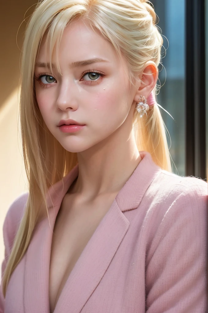(masterpiece), (best quality), Ultra-high resolution, Raw photo, A photo-realistic, super cute woman, 1girl, (perfect face:1.2), (beautiful face:1.2), platinum blonde hair, pony tail, (closeup, upper body:1.3), sad expression, looking at viewer, pose, pink jacket, indoors, day time, intricate, depth of field, cinematic lighting, tears