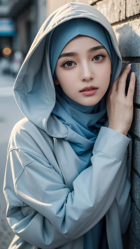elegant girl in hijab, beautiful detailed eyes, beautiful detailed lips, extremely detailed eyes and face, long eyelashes, smooth skin, fair skin, white skin, wearing hijab, all parts of the body covered except face and hands, full hijab, do not let hair come out of hijab, graffiti, paint splatter, jacket, on wall, paint can, looking at viewer, head slanted, wearing hooded military uniform, cyberpunk city, best quality, 8k, hyperrealistic, digital photography, masterpiece