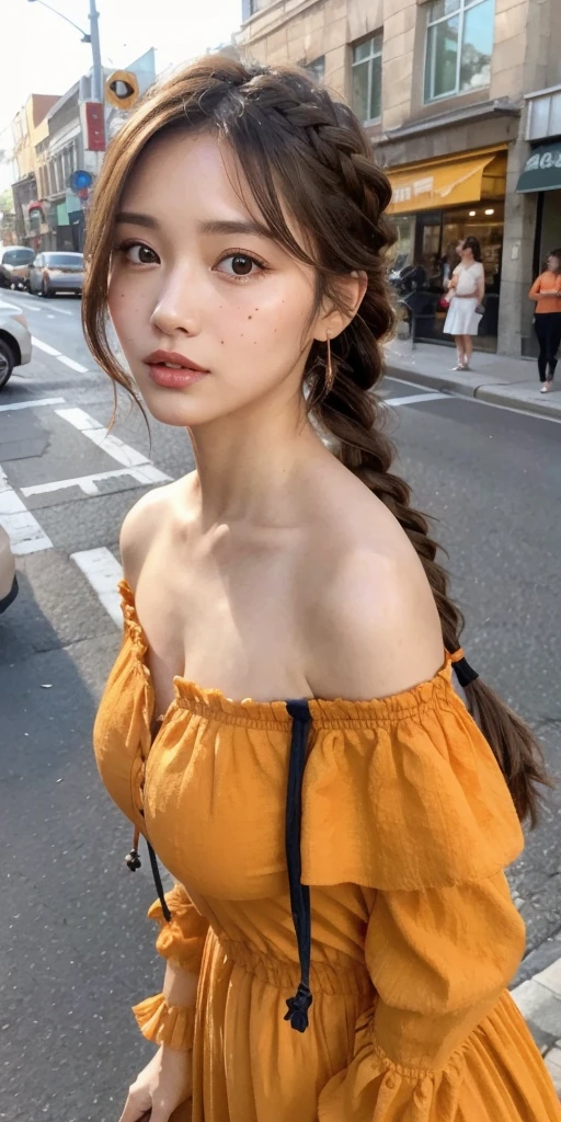 a woman posing on the street corner with orange dress on, best quality, 1girl, large breast, day, bright, blur background, bokeh, outdoor, (street:0.8), (people, crowds:0.8), (off-shoulder dress:1.2), gorgeous, (braided bangs:1.2), beautiful detailed sky, (dynamic pose:1.2), soft lighting, wind, shiny skin, (upper body:0.8), (freckles:0.8), mole under mouth,
