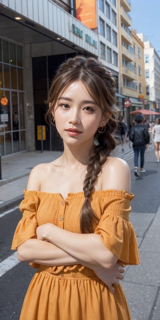 a woman posing on the street corner with orange dress on, best quality, 1girl, large breast, day, bright, blur background, bokeh, outdoor, (street:0.8), (people, crowds:0.8), (off-shoulder dress:1.2), gorgeous, (braided bangs:1.2), beautiful detailed sky, (dynamic pose:1.2), soft lighting, wind, shiny skin, (upper body:0.8), (freckles:0.8), mole under mouth,