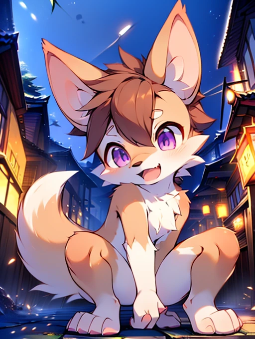 , , cute, (alone), (((Has brown and white fur))), Big purple eyes, Blushing, smile, Open your mouth, Sticking out tongue，tooth、Canine，walking, night, Ancient Asian cities, bright street lights, Blue and black slate road, Empty Streets, Starry Sky, Shadow, Detailed facial depiction, ((Accurate hand drawing)), レンブラントの光とShadow, Ultra-fine，high resolution，Completely naked，Naked，Naked，Full nudity，Nude，Barely，Fully visible，Spread your legs and point your crotch，Embarrassing，Embarrassed look，On all fours，Put your hands and feet on the ground，Sit like a dog，quadruped，Accurate hand and foot count，shame，A furry in heat，first round，Fantasy，Anime-style depiction，Female furry，Animal pussy，Young，Young子どものケモノ，Showing pussy，Showing off pussy，Suji，Female organ，