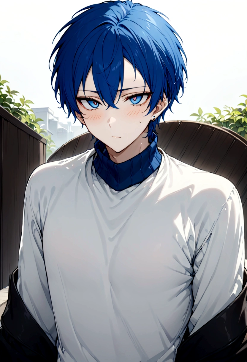 Long earrings、イケメhmm、youth、イケメhmm、male、male性、Short Hair(masterpiece, best quality:1.2), 30 years old、White background、male性、Rin々Shii、Sharp eyes、、black、turtleneck、White clothes、Blue Hair、blue eyes、whole body、White background、male性、Short Hair、Front facing、hmm、Jacket、カーゴパhmmツFront facing、male、ネックレスmaleらShii服装、