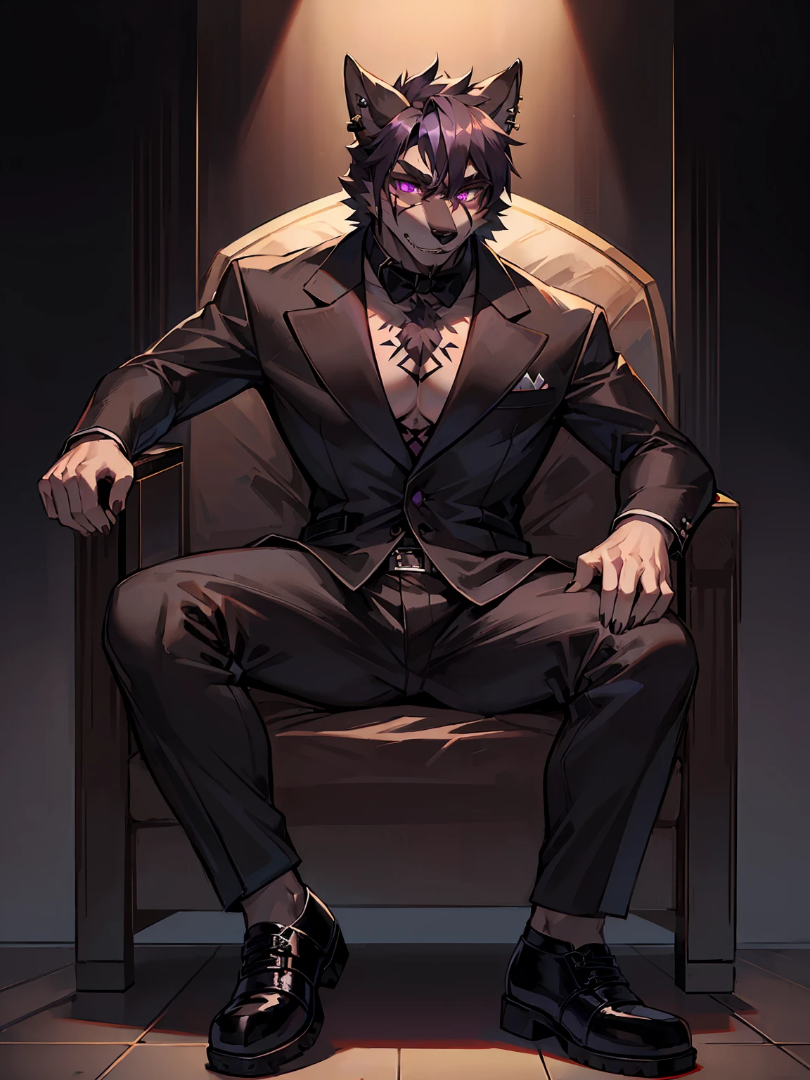 embedding:Black wolf，purple eyes, male, Scar on the face, Single Person,black fur,Black tattoo on his arm.Eyebrow studs,Broken eyebrow,Sunglasses,Mob boss,Gangsters,Black suit,Leather shoes,A dark scene,Black tone,Dark style,Sit down,Overbearing,A sense of oppression,Best quality hands, best quality eye，detailed fur，Delicate eyes.Extreme picture quality，by sollyz,by zixiong,by milkytiger1145