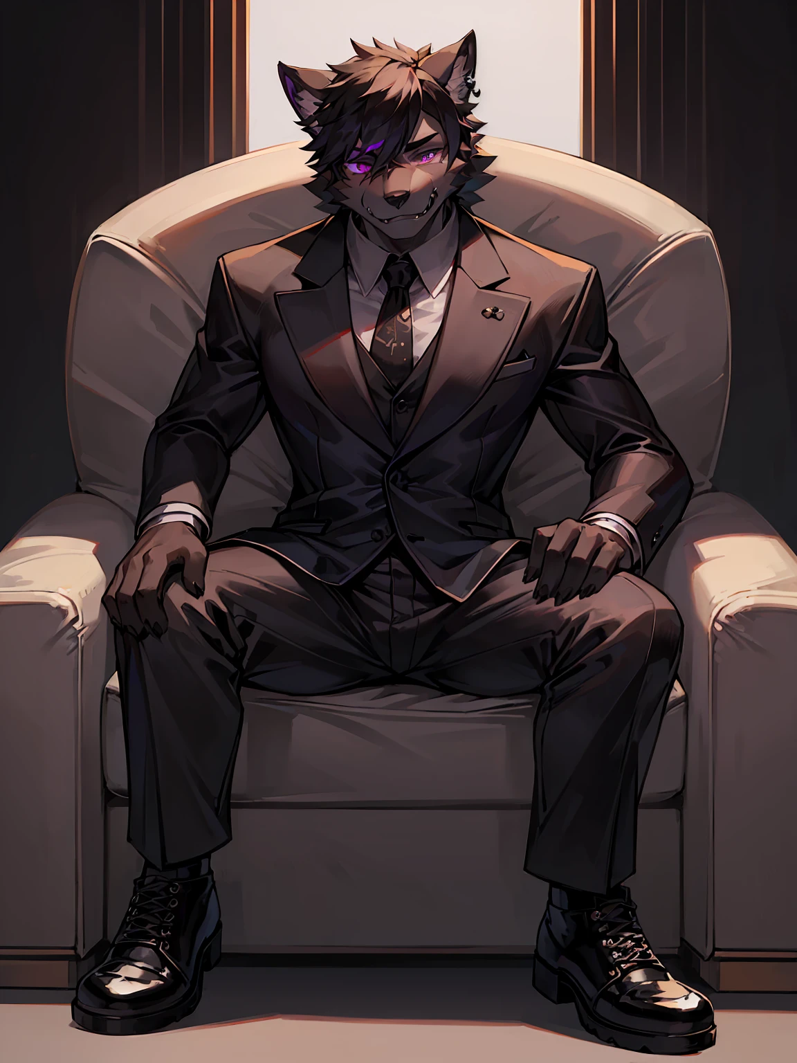 embedding:Black wolf，purple eyes, male, Scar on the face, Single Person,black fur,Black tattoo on his arm.Eyebrow studs,Broken eyebrow,Sunglasses,Mob boss,Gangsters,Black suit,Leather shoes,A dark scene,Black tone,Dark style,Sit down,Overbearing,A sense of oppression,Best quality hands, best quality eye，detailed fur，Delicate eyes.Extreme picture quality，by sollyz,by zixiong,by milkytiger1145
