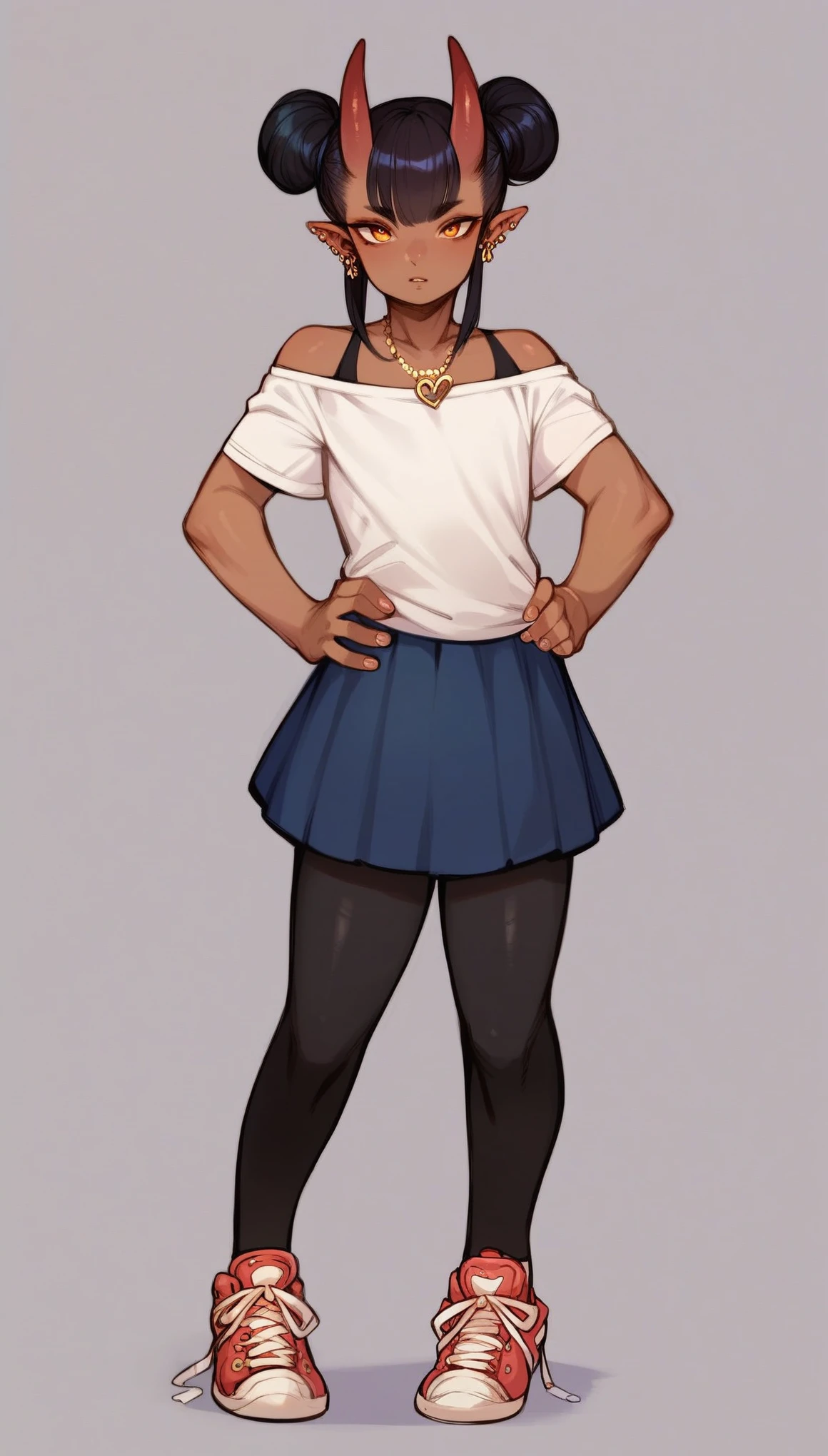 score_9, score_8_up, score_7_up, score_7, Expressiveh,best quality, masterpiece, ultra high resolution,
(demon boy:1.35), femboy, solo, tiny, cute, _, shota_boy, jewelry, necklace, skirt, earrings, shoes, full_body, long hair, sneakers, hair buns, horns, horny, ((hands_on_hips)), standing, dark_skin, dark-skinned_female, black_hair, leggings, off_shoulder, t-shirt