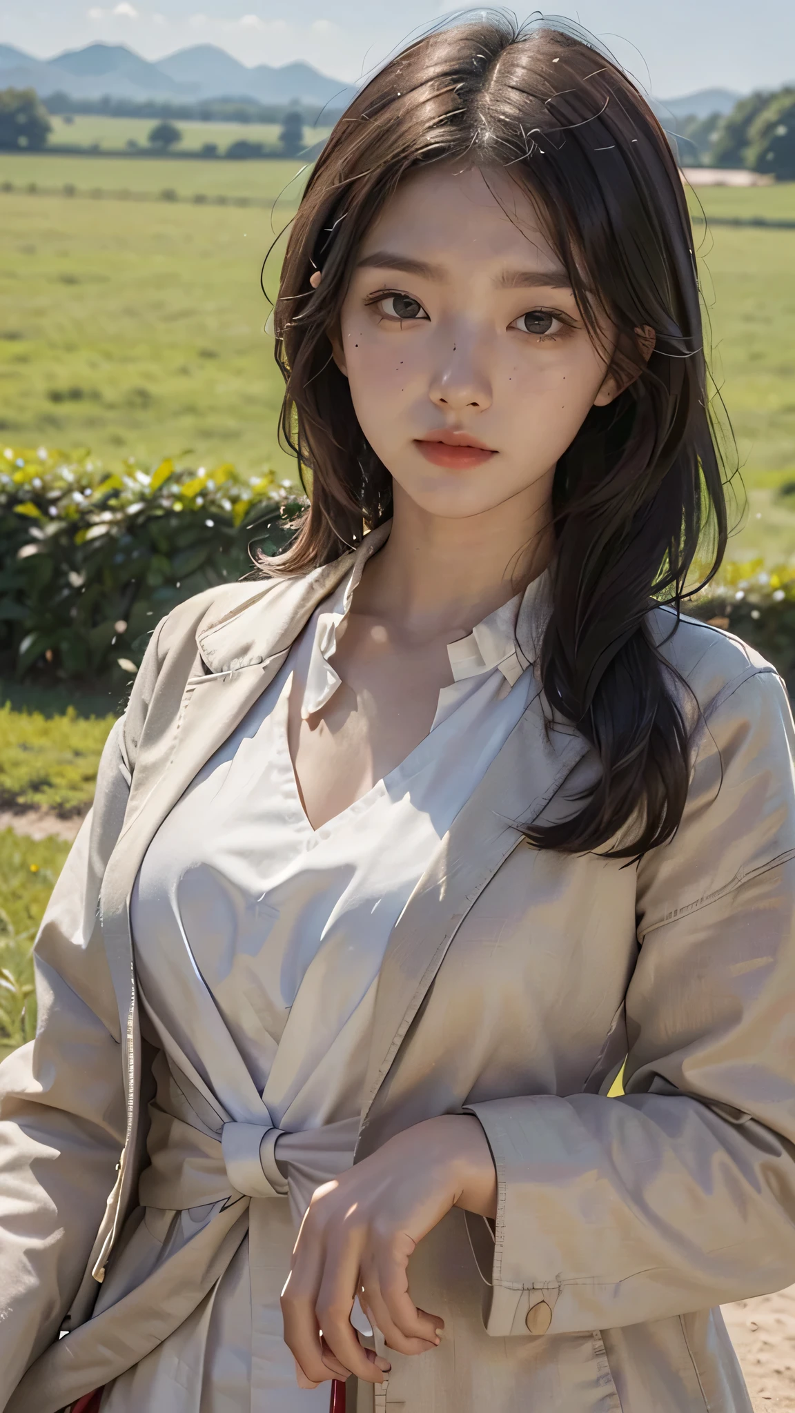 there is a woman with a red tie standing in a field, soft portrait shot 8 k, a young asian woman, shot on canon eos r5, shot on canon eos r 5, taken with canon eos 5 d mark iv, portrait shot 8 k, taken with canon 5d mk4, taken with sony alpha 9, portrait of a japanese teen