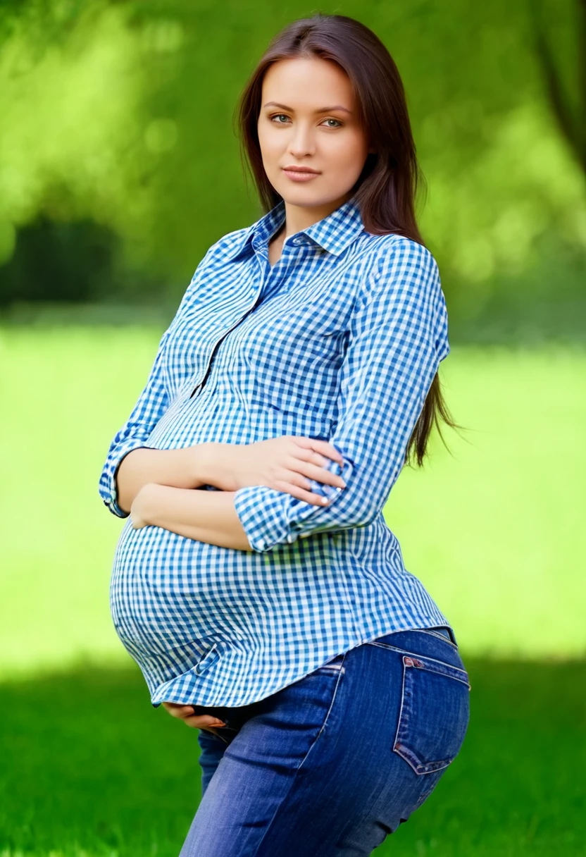 beautiful pregnant woman of 25 years old in shirt and jeans in park