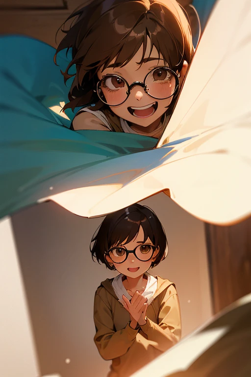 A girl, brown short  hair, brown eyes, she is wearing glasses say farewell to a man, while laughing mocking , he is far away