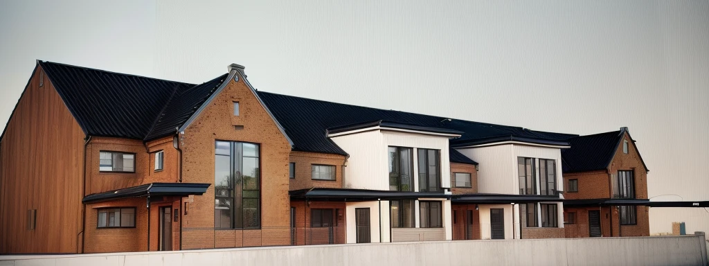 a depiction of a house with a gable roof, highly rendered, 3/4 View realistic, Architectural visualization, 3D-Rendering, rendered 3D model, 3D-Rendering, red brick wall. traditional black standing seam roof, Sky sunny. In front of the house there is a garden with flowers. left and right part Brickwall. Netherlands. Bauhaus. White facade