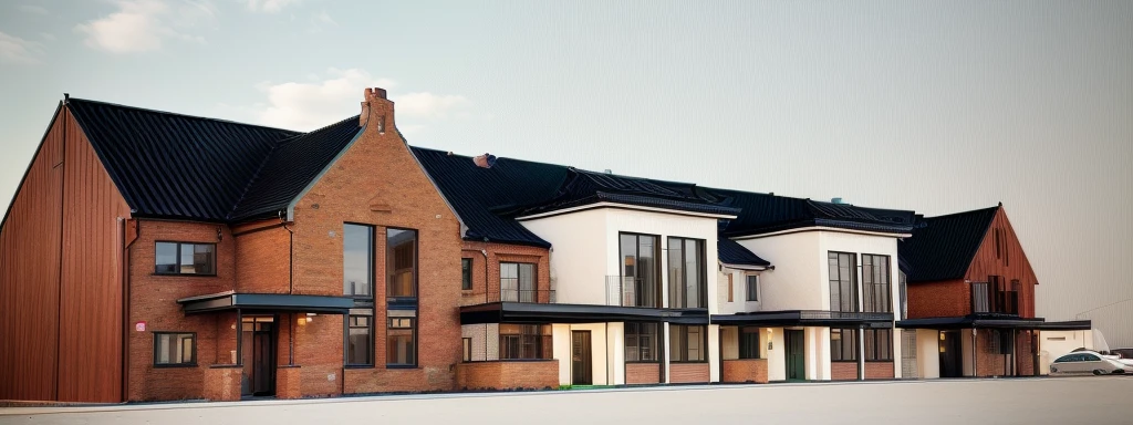 a depiction of a house with a gable roof, highly rendered, 3/4 View realistic, Architectural visualization, 3D-Rendering, rendered 3D model, 3D-Rendering, red brick wall. traditional black standing seam roof, Sky sunny. In front of the house there is a garden with flowers. left and right part Brickwall. Netherlands. Bauhaus. White facade