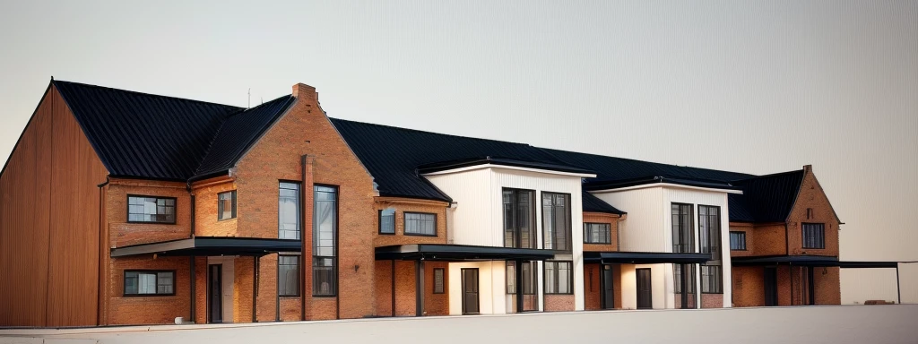 a depiction of a house with a gable roof, highly rendered, 3/4 View realistic, Architectural visualization, 3D-Rendering, rendered 3D model, 3D-Rendering, red brick wall. traditional black standing seam roof, Sky sunny. In front of the house there is a garden with flowers. left and right part Brickwall. Netherlands. Bauhaus. White facade